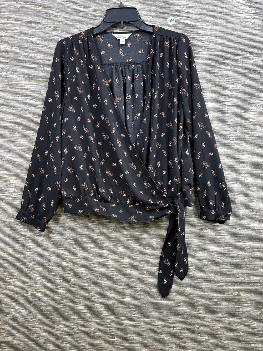 Krazy Kat Blouse Womens Small Black Floral Wrap Tie Front Long Sleeve Top